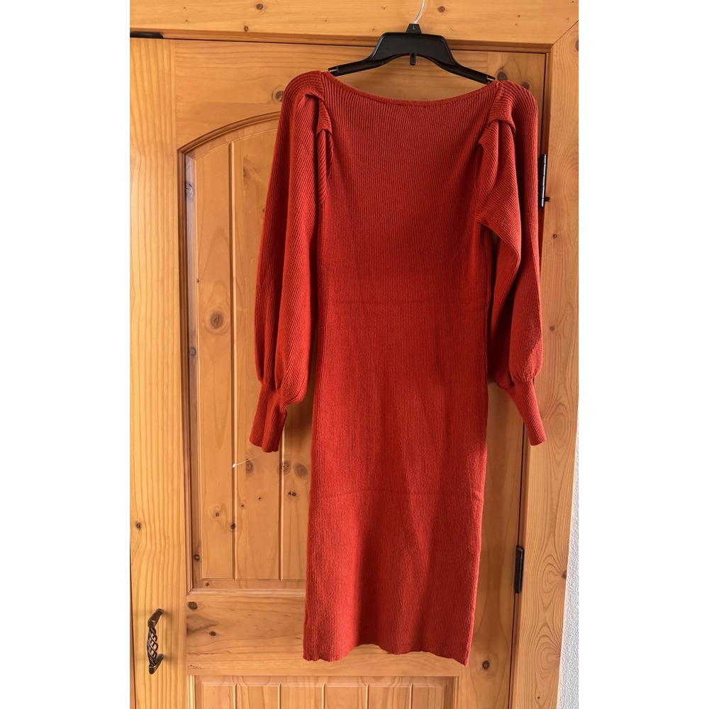 NWT Tahari Spicy Orange Ribbed Knit Midi Dress Puff Sleeve Scoop Neck TD204001 - Picture 3 of 4